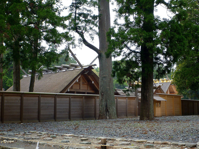 A new-looking timber building behind a fence in woodland, built in the style of a pre-buddhist Shinto shrine