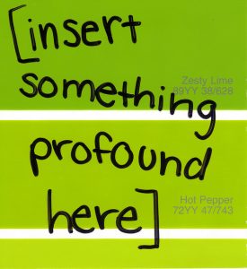 Text scrawled across a colour chart reading "insert something profound here"