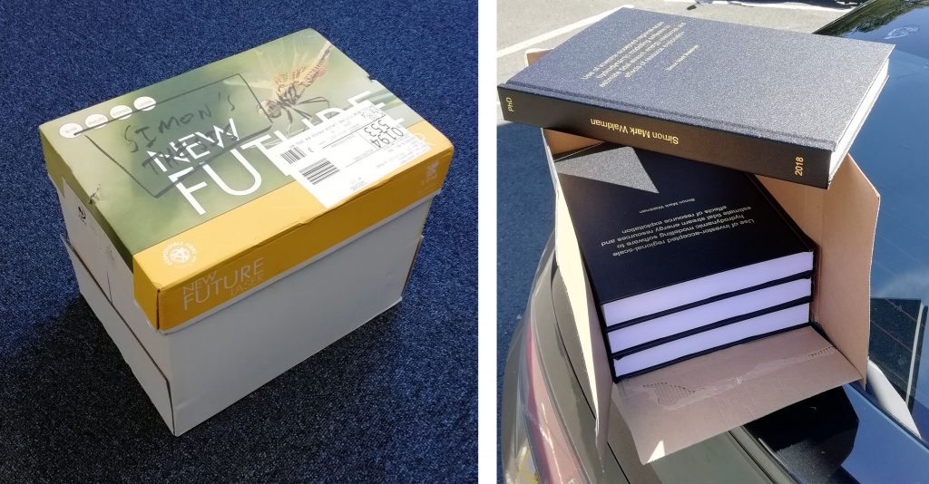 Two pictures. On the left, a cardboard box with "Simon's Thesis" scrawled on the top in marker. On the right, four hard bound theses - black books with gold lettering.