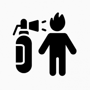 Icon depicting a fire extinguisher aimed at somebody whose head is replaced with a flame