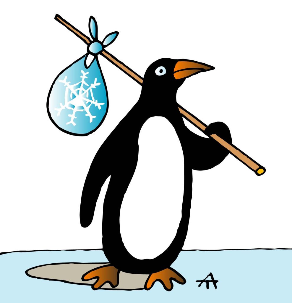 Cartoon of a penguin carrying a bindel